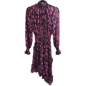 NWT MISA Los Angeles Pink Black Floral Smocked Asymmetrical Midi Dress Sz S